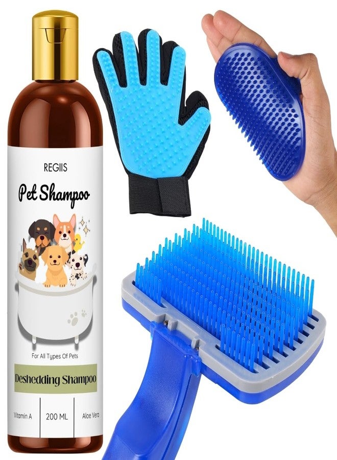 مجموعة ريجيس للعناية بالحيوانات الأليفة، شامبو لإزالة الشعر الزائد سعة 200 مل مع فرشاة ناعمة، وليفة استحمام، وقفاز للعناية، لجميع الحيوانات الأليفة - Image 1